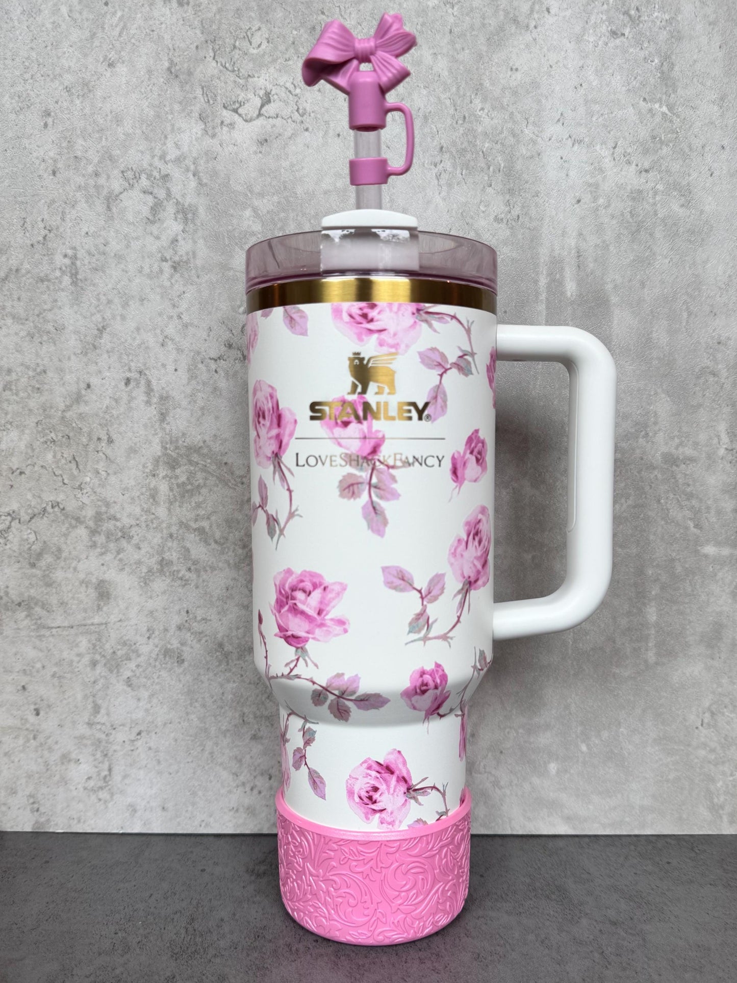 The Baroque Collection - Peony Pink Shimmer - Silicone Stanley Tumbler Boot 20-40oz