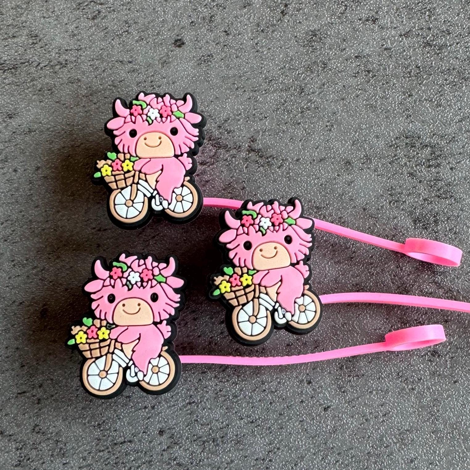 Pink Highland Cow Floral 10mm Straw Topper